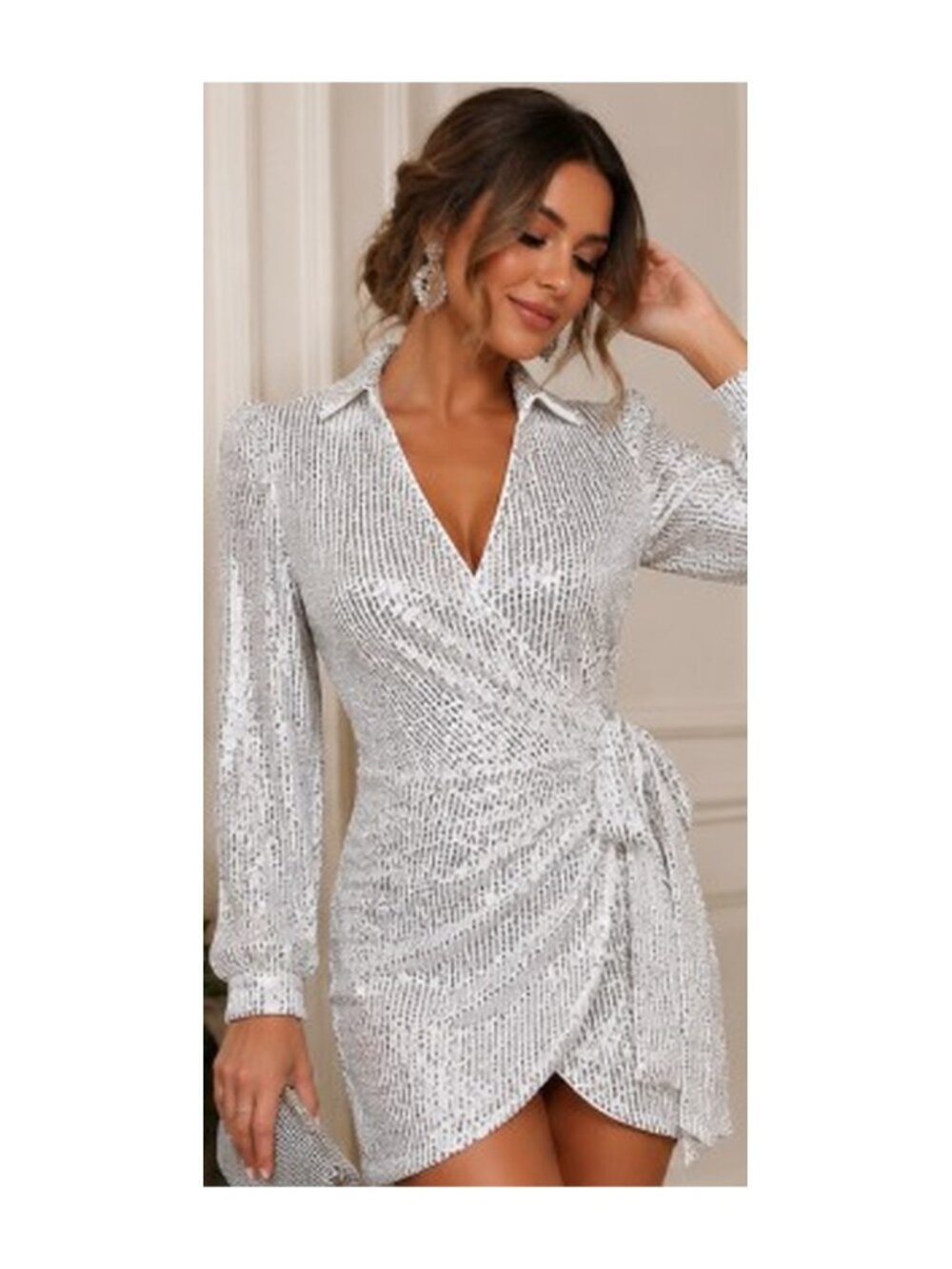 Double Crazy Silver Sequin Y2K Rave Clubwear Wrap Mini Dress Size S